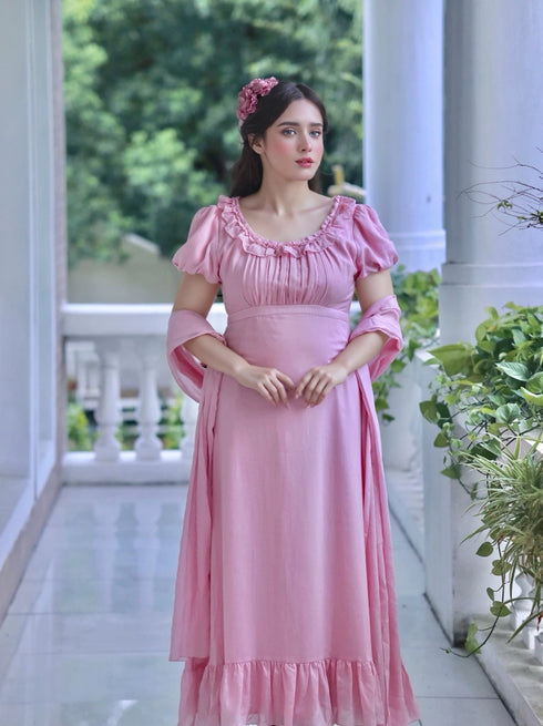 Pink Regency Era Dress with Ruffled Neckline and Puff Sleeves – Bridgerton Inspired Dress Plus Size